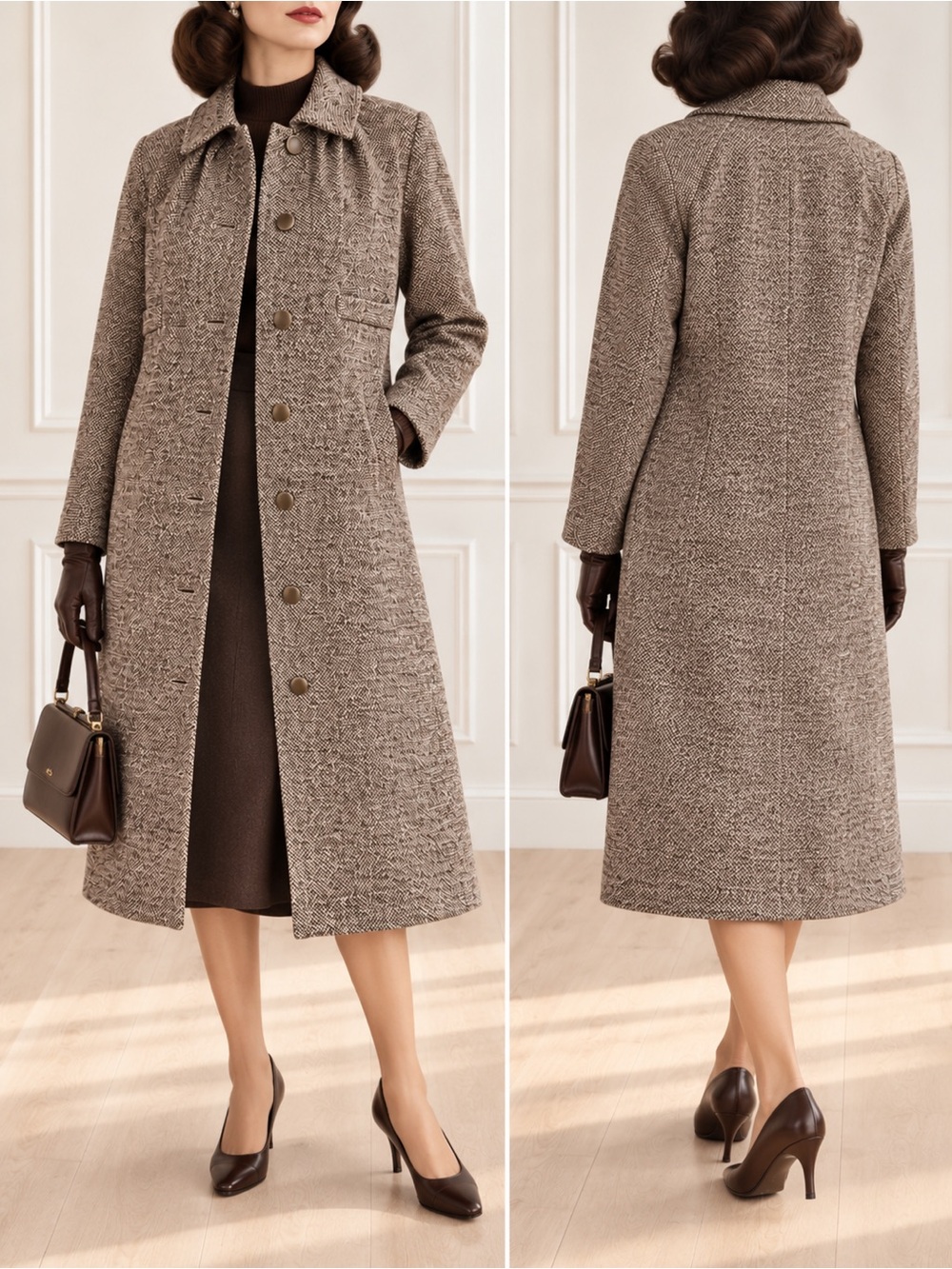 Vintage 1950s Tweed Maxi Coat Small Brown Hand Tailored Dumas California